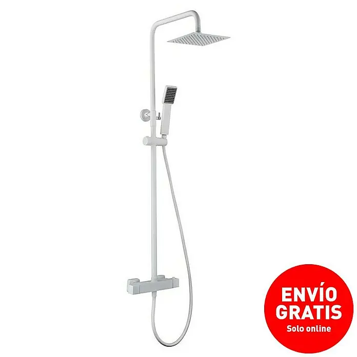 Imex Art Sistema de ducha - Grifo termostático, Blanco - Imagen de un conjunto de ducha blanco con rociador superior y ducha de mano, incluyendo un mezclador termostático.