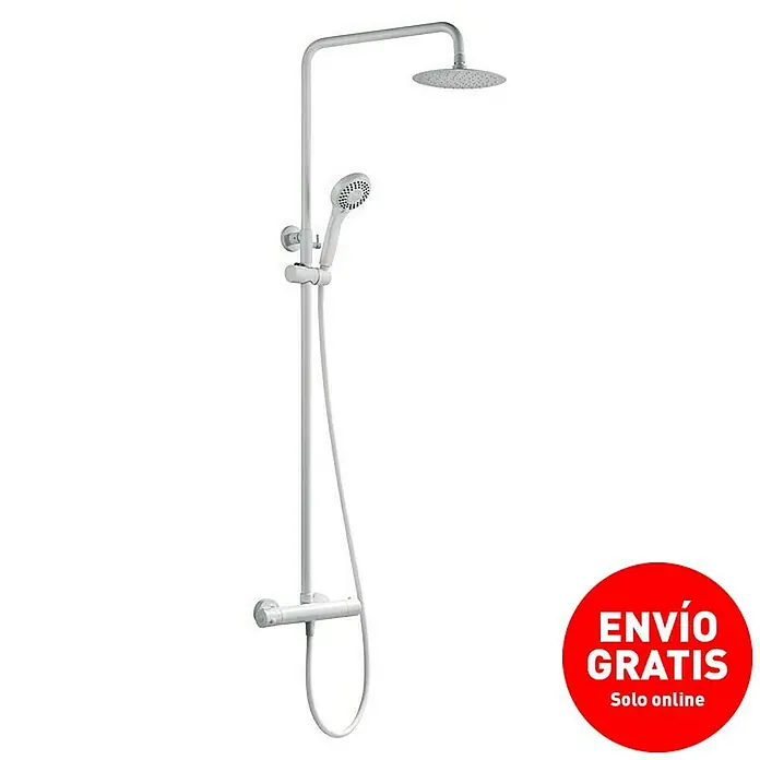Imex Sistema de ducha Kent - Con grifo termostático, Blanco - Imagen del producto de una columna de ducha con ducha de cabeza y mano en plata.