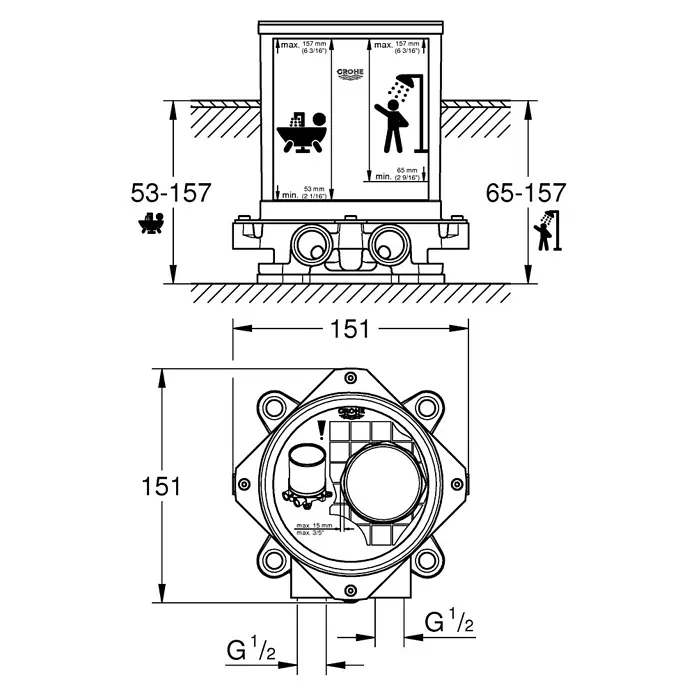 Grohe Unterputzsystem - Einbautiefe: 53 mm - 157 mm - Abbildung eines Grohe Installationssystems mit Maßangaben für Badewanne und Dusche, inklusive Abmessungen und Details zu Anschlüssen.