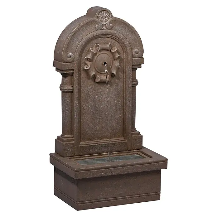 Dobar Brunnen Poseidon + LED & Solar-Panel - L x B x H: 40 x 26 x 76 cm, Kunststein - Eine dekorative Gartenbrunnen-Skulptur aus Stein mit Wasser, das in ein Becken fließt. Der Brunnen hat ein klassisches Design mit verzierten Säulen.