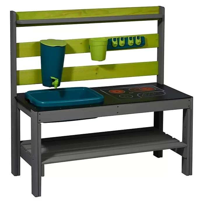 Dobar Matschküche - 88 x 38 x 88 cm, Holz, Anthrazit/ Grün - Eine Kinderspielküche in Grau und Grün mit Spüle, Wasserhahn und Kochfeld für fantasievolles Spiel.
