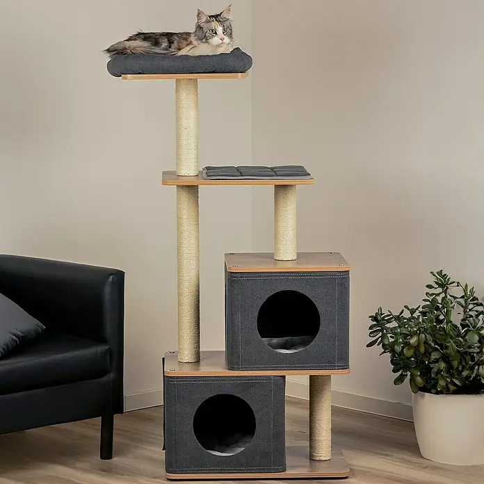 Dobar Kratzbaum Hannah - 58 x 38 x 133 cm - Ein mehrstufiger Katzenbaum mit Kratzsäulen, Plattformen und Höhlen bietet Katzen einen gemütlichen Platz zum Spielen und Ausruhen.