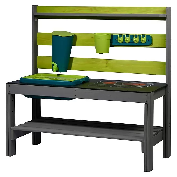 Dobar Matschküche - 88 x 38 x 88 cm, Holz, Anthrazit/ Grün - Graue Holzküche mit limettengrünen und türkisen Akzenten, Spüle, Herd und Hängewerkzeugen für den Spielspaß draußen.