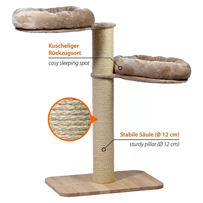 Dobar Kratzbaum Sleepy - 40 x 100 x 90 cm, Holz, Cappuccino - Beiger Katzenkratzbaum mit zwei plüschigen Liegeflächen, Sisal-Kratzstamm (12 cm Durchmesser) und stabiler Holzbasis.