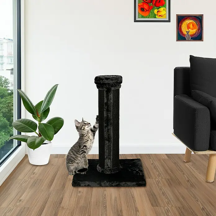Dobar Kratzbaum Scratchy - 55 x 55 x 80 cm - Katzenkratzbaum aus schwarzem Sisal mit Plattformen oben und unten, auf dem eine Katze spielt.