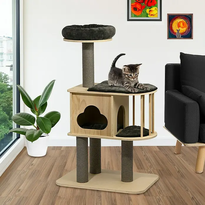 Dobar Kratzbaum Mila - 68 x 48 x 116 cm, Holz, Natur/ Grau - Katzenkratzbaum mit mehreren Ebenen und Liegeflächen, ideal zum Spielen, Klettern und Ausruhen für Katzen.