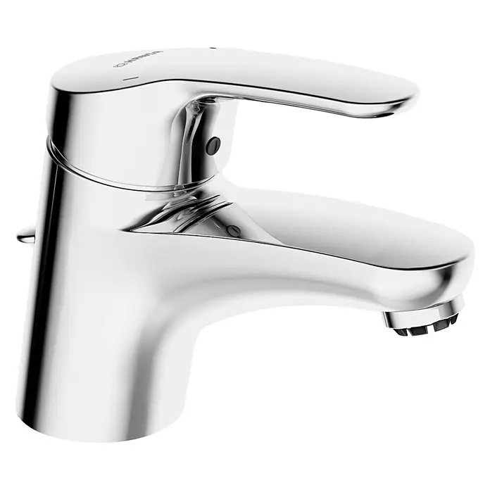 Hansa Mix Waschtischarmatur XS - Niederdruck, Chrom, Glänzend - Diese Nahaufnahme zeigt einen glänzenden, silbernen Wasserhahn mit einem modernen Design und klaren Linien. Perfekt für jedes Badezimmer.