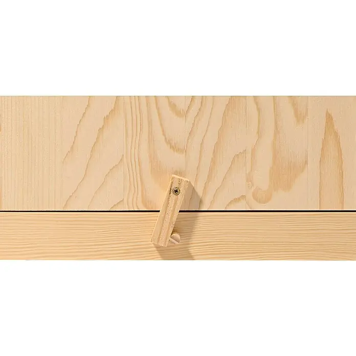 Dobar Transportbox für Honigwaben - 36,5 x 39,5 x 51 cm, Holz, Natur - Detailansicht eines Holzverschlusses an einem Möbelstück, der die feine Maserung und die natürliche Farbe des Holzes hervorhebt.
