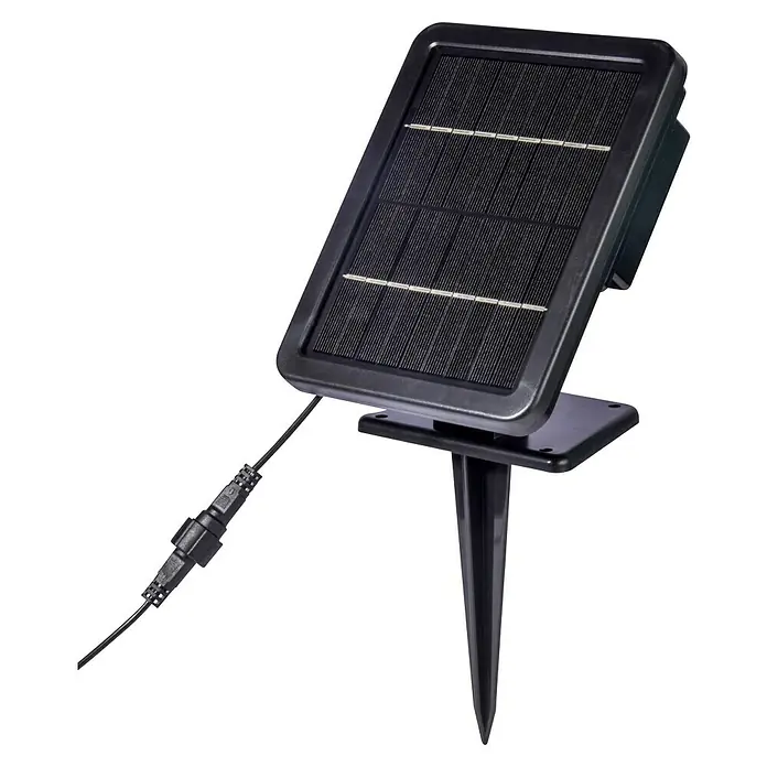 Dobar Standbrunnen Hera LED + Solar-Panel - 25 x 25 x 40 cm - Abbildung eines schwarzen Solarpanels mit Erdspieß, das umweltfreundliche Energie für Ihre Gartenbeleuchtung liefert.