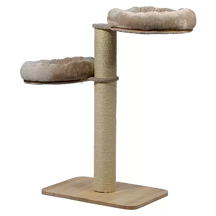 Dobar Kratzbaum Sleepy - 40 x 100 x 90 cm, Holz, Cappuccino - Zwei-stöckiger Kratzbaum mit plüschigen beigen Betten, einer Sisalseil-Säule und einer hellen Holzbasis.
