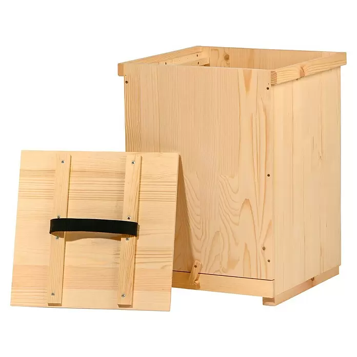 Dobar Transportbox für Honigwaben - 36,5 x 39,5 x 51 cm, Holz, Natur - Heller Holzkisten-Komposter oder Aufbewahrungsbox mit abgenommenem Deckel und schwarzem Griffband.