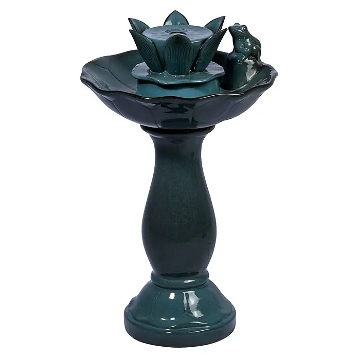 Dobar Gartenbrunnen Helena + Solar-Panel - 39 x 39 x 64 cm, Keramik - Brunnen mit Seerosen-Design und Froschfigur, eine beruhigende Dekoration für den Garten oder das Zuhause.