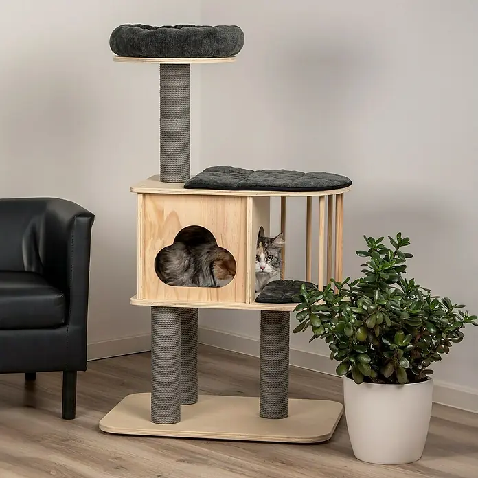 Dobar Kratzbaum Mila - 68 x 48 x 116 cm, Holz, Natur/ Grau - Ein vielseitiger Katzenbaum mit Kratzbaum, Höhle und Liegeflächen. Ideal für die Beschäftigung und Entspannung Ihrer Katze.
