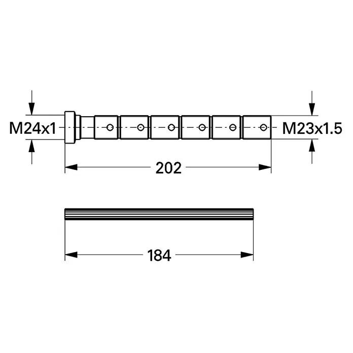 Grohe Verlängerungs-Set - Kunststoff, Länge: 20,2 cm - Technische Zeichnung einer Gewindestange mit Maßangaben, M24x1 und M23x1.5, Länge 202 mm.