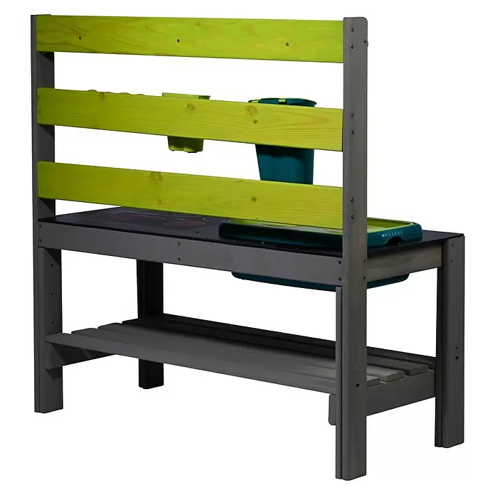 Dobar Matschküche - 88 x 38 x 88 cm, Holz, Anthrazit/ Grün - Hölzerne Matschküche für draußen mit grauem Rahmen und lindgrünen Regalen, mit Spülbeckenbereich und Kochfeldelementen.