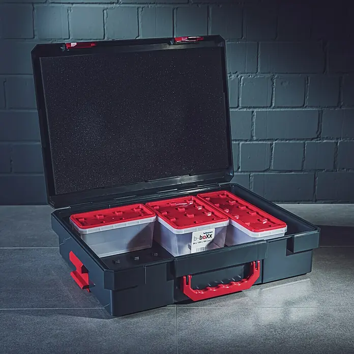 Wisent b-boXx Einlegeboden - Passend für: Wisent b-boXx - Offener Werkzeugkoffer mit drei roten und grauen b-boxx Einsätzen, ideal zur Aufbewahrung von Kleinteilen.