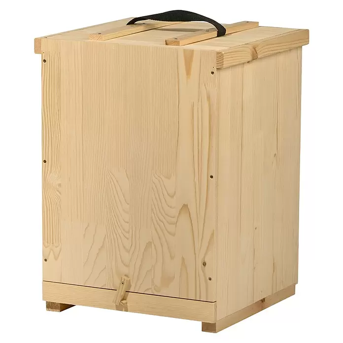 Dobar Transportbox für Honigwaben - 36,5 x 39,5 x 51 cm, Holz, Natur - Helle Kiefernholz-Aufbewahrungsbox mit schwarzem Stofftragegriff und kleinen Holzfüßen.