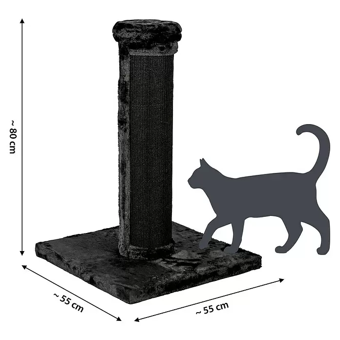 Dobar Kratzbaum Scratchy - 55 x 55 x 80 cm - Schwarzer Plüsch-Katzenkratzbaum mit Sisalsäule, 80 cm hoch, 55x55 cm Basis. Katzensilhouette zeigt die Größe.