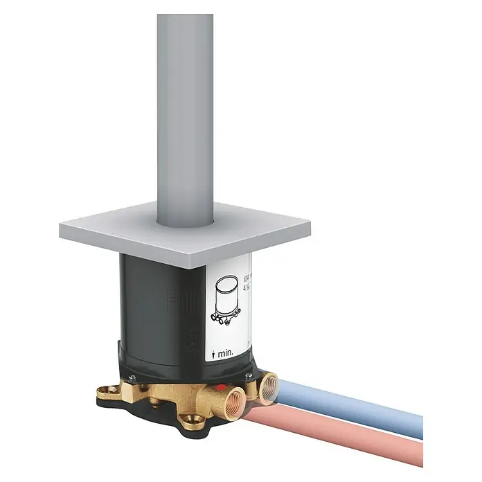 Grohe Unterputzsystem - Einbautiefe: 53 mm - 157 mm - Detailaufnahme eines Unterputz-Thermostatmoduls mit Wasseranschlüssen, ideal für moderne Badezimmerdesigns.