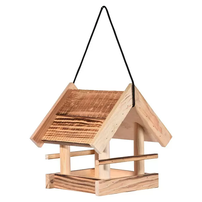Dobar Vogelhaus Candela - 22 x 20 x 22 cm, Holz, Braun - Vogelhaus aus hellem Holz mit rustikalem Dach und schwarzer Aufhängeschnur.