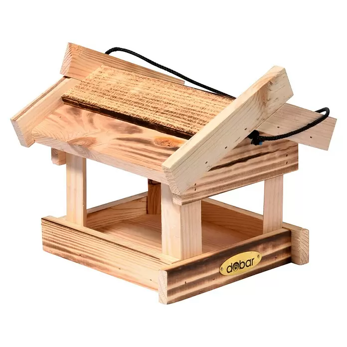 Dobar Vogelhaus Calido - 19 x 19 x 17 cm, Holz, Braun - Vogelhäuschen aus hellem Naturholz mit Brandakzenten und schwarzer Aufhängeschnur. Mit 'dóbar' Logo.