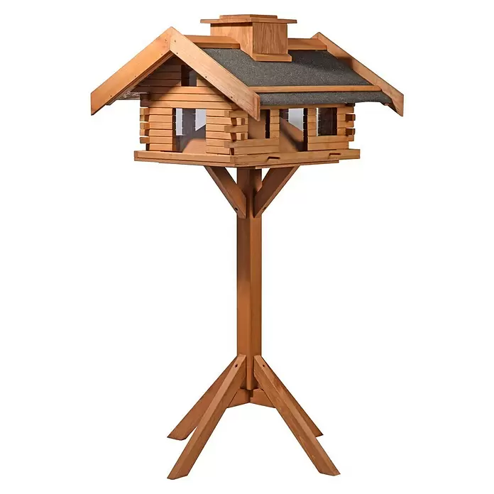 Dobar Vogelfutterhaus - 84 x 78 x 110 cm, Braun, Holz - Hölzernes Vogelhaus mit grauem Dach auf hohem, stabilem Ständer.