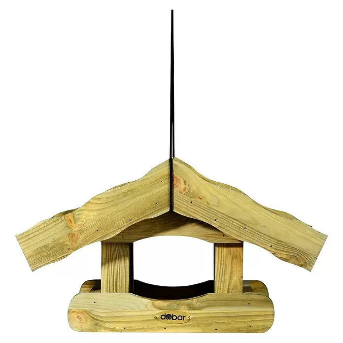 Dobar Vogelfutterhaus Saksun - 39 x 30 x 22 cm, Natur, Holz - Hölzerne Hänge-Vogelfutterhaus mit spitzem Dach und goldenem 'dobar'-Logo.