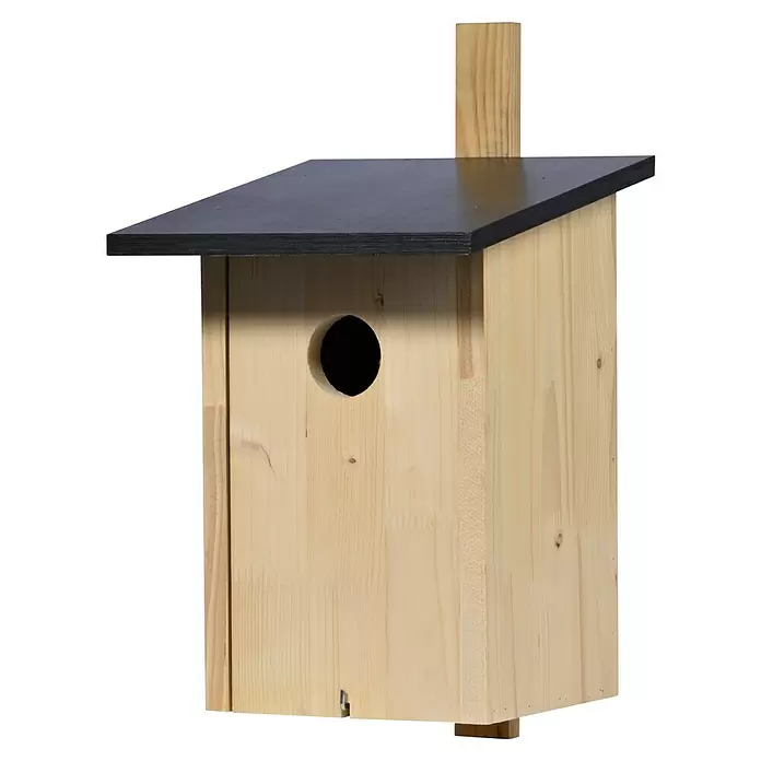 Dobar Nistkasten - 22 x 25 x 32 cm, Natur/ Dunkelbraun, Holz - Ein helles Vogelhaus aus Holz mit schwarzem Schrägdach und rundem Eingangsloch.