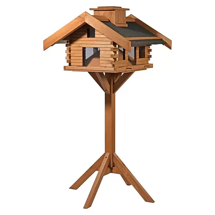 Dobar Vogelfutterhaus - 84 x 78 x 110 cm, Braun, Holz - Ein hölzernes Vogelhaus mit dunkelgrauem Dach auf einem stabilen Holzständer.