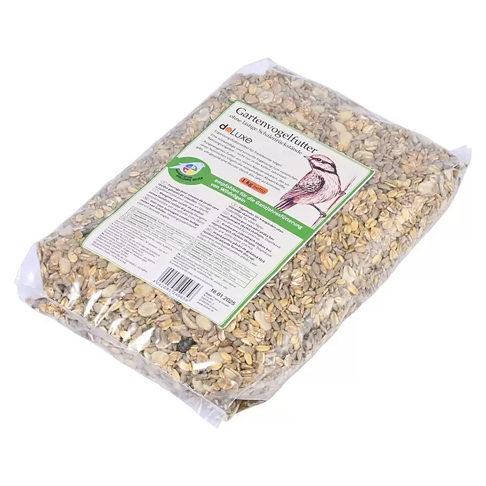 Dobar Wildvogelfutter ohne Schalenrückstände - 7 kg - Klare Plastiktüte mit deLuxe Gartenvogelfutter (schalenfreiem Vogelfutter) mit verschiedenen Samen, Nüssen und Früchten, und einem grünen Etikett.