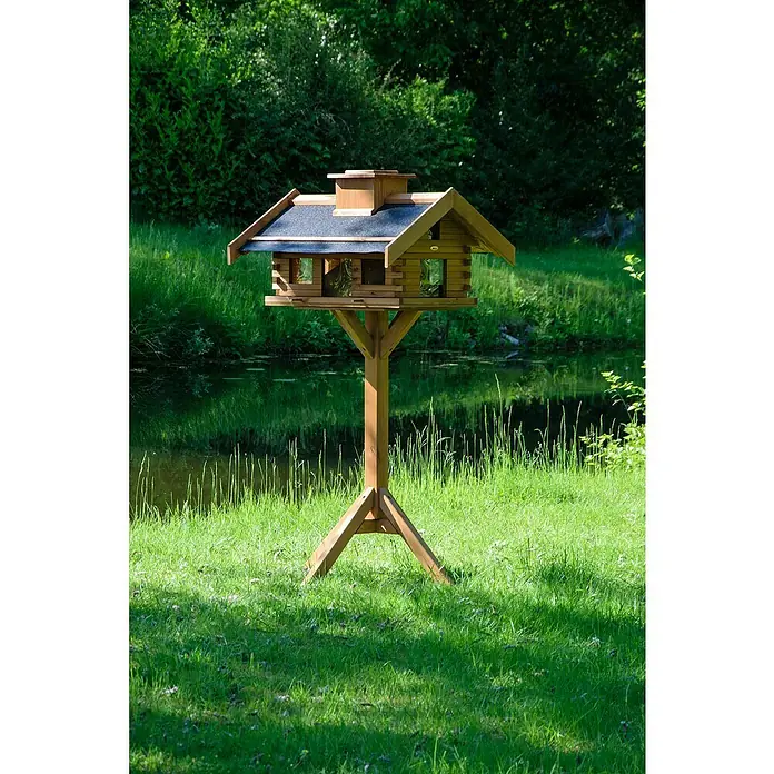 Dobar Vogelfutterhaus - 84 x 78 x 110 cm, Braun, Holz - Ein detailreiches Vogelhaus aus Holz mit dunkelblauem Dach und robustem Ständer, ideal für Gärten und Naturliebhaber.