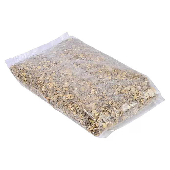 Dobar Wildvogelfutter ohne Schalenrückstände - 7 kg - Transparenter Plastikbeutel gefüllt mit einer Mischung aus hellbraunen und grauen Körnern und Samen.