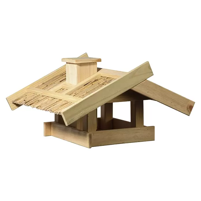 Dobar Vogelhaus Trollanes - 50 x 43 x 29 cm, Holz, Natur - Hölzernes Vogelhäuschen mit Strohdach und kleinem Schornstein.
