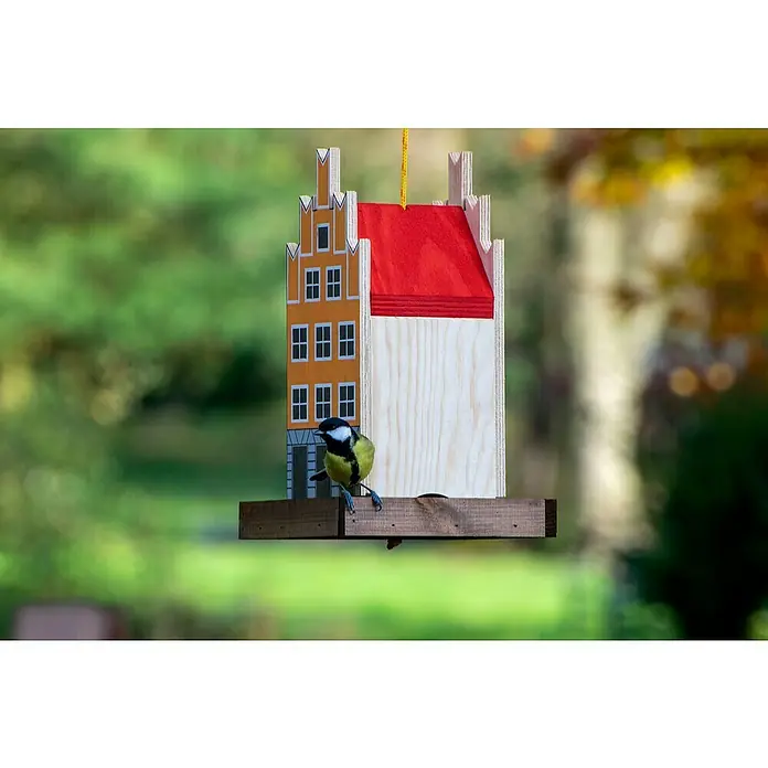Dobar Vogelfutterhaus - 19 x 19 x 30 cm, Natur/ Orange, Holz - Buntes Vogelhaus imitiert ein holländisches Stadthaus, auf dem ein Meisen sitzt, vor grünem Hintergrund.