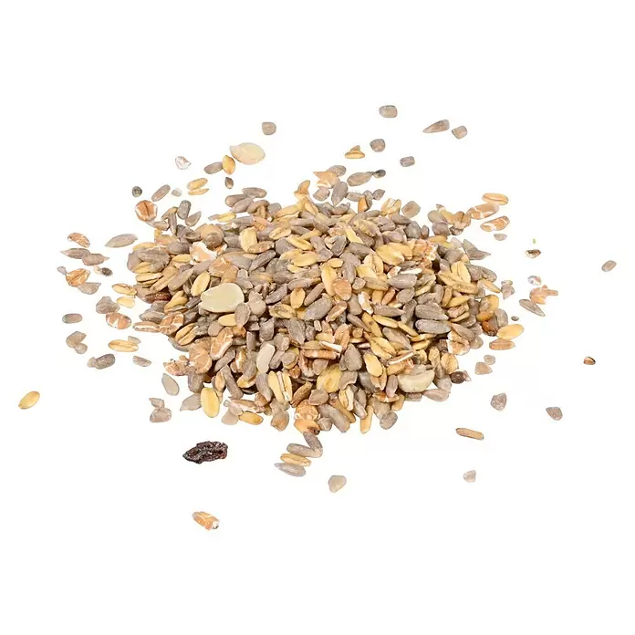 Dobar Wildvogelfutter ohne Schalenrückstände - 7 kg - Ein Haufen gemischter hellbrauner und cremefarbener Getreidekörner und Samen, wie Hafer und Sonnenblumenkerne.