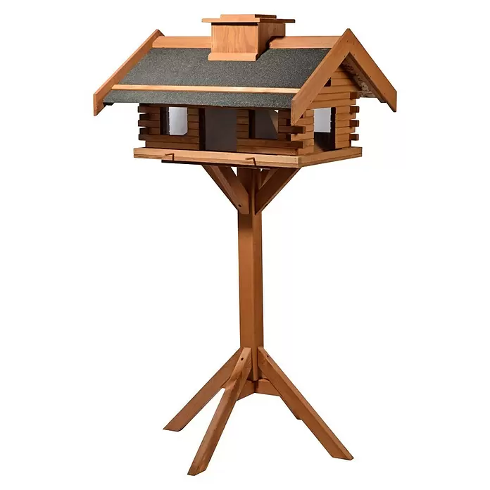 Dobar Vogelfutterhaus - 84 x 78 x 110 cm, Braun, Holz - Hellbraunes Vogelhäuschen aus Holz auf einem Ständer mit dunkelgrauem Dach.