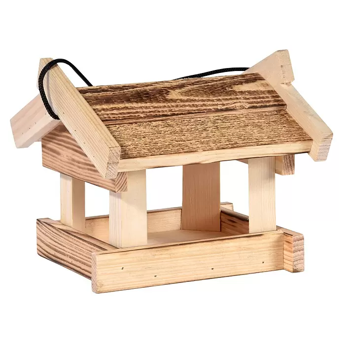 Dobar Vogelhaus Calido - 19 x 19 x 17 cm, Holz, Braun - Hölzernes Vogelhäuschen mit dunklem Holzmaserungsdach und schwarzem Aufhängeband.