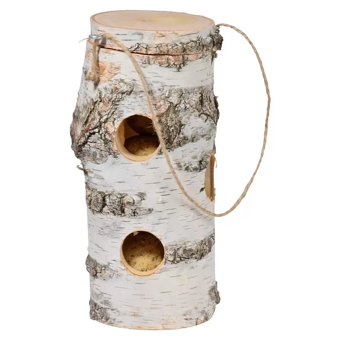 Dobar Meisenknödelhalter - L x B x H: 11 x 11 x 26 cm - Vogelhäuschen aus weißem Birkenstamm mit Futter in geschnitzten Öffnungen und Schnuraufhängung.