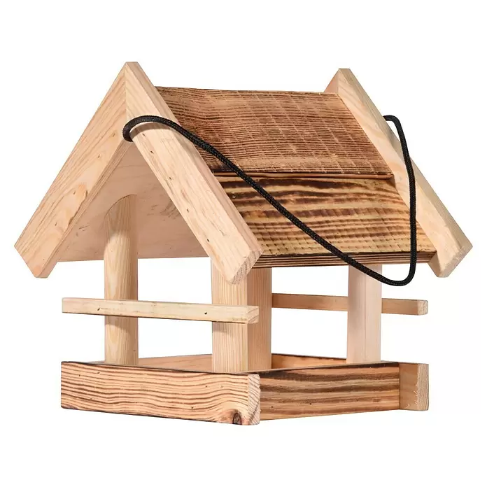 Dobar Vogelhaus Candela - 22 x 20 x 22 cm, Holz, Braun - Hölzernes Vogelhäuschen mit geflammtem Dach und Boden, schwarzer Kordel zum Aufhängen.