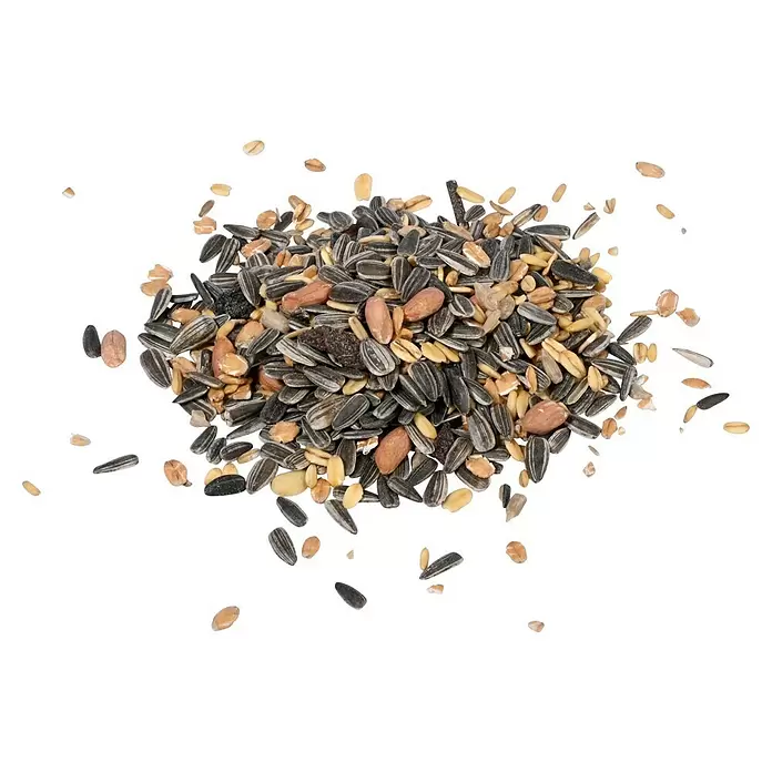 Dobar Wildvogelfutter Futtermix - 7 kg - Ein Haufen gemischtes Vogelfutter mit Sonnenblumenkernen, Erdnüssen und verschiedenen Körnern.