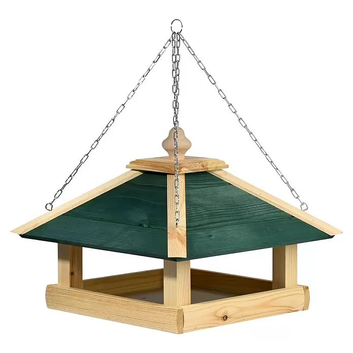 Dobar Vogelfutterhaus - 39 x 39 x 30 cm, Natur/ Grün, Holz - Hängendes Vogelhaus aus Holz mit dunkelgrünem Dach und Naturholzsockel.