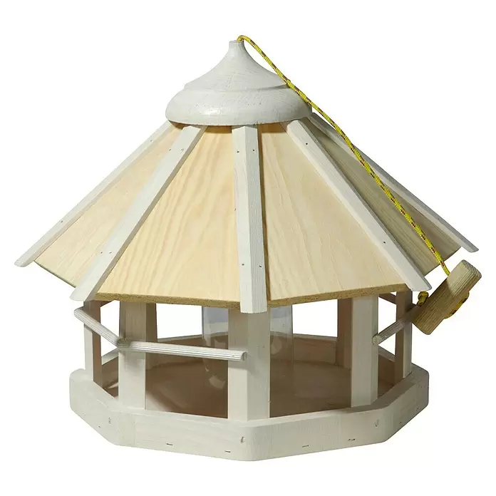 Dobar Vogelhaus Camouflag 2.0 - 40 x 40 x 33 cm, Holz, Weiß/ Natur - Sechseckiges Vogelfutterhaus aus hellem Holz mit weißer konischer Spitze und gelbem Aufhängeseil.