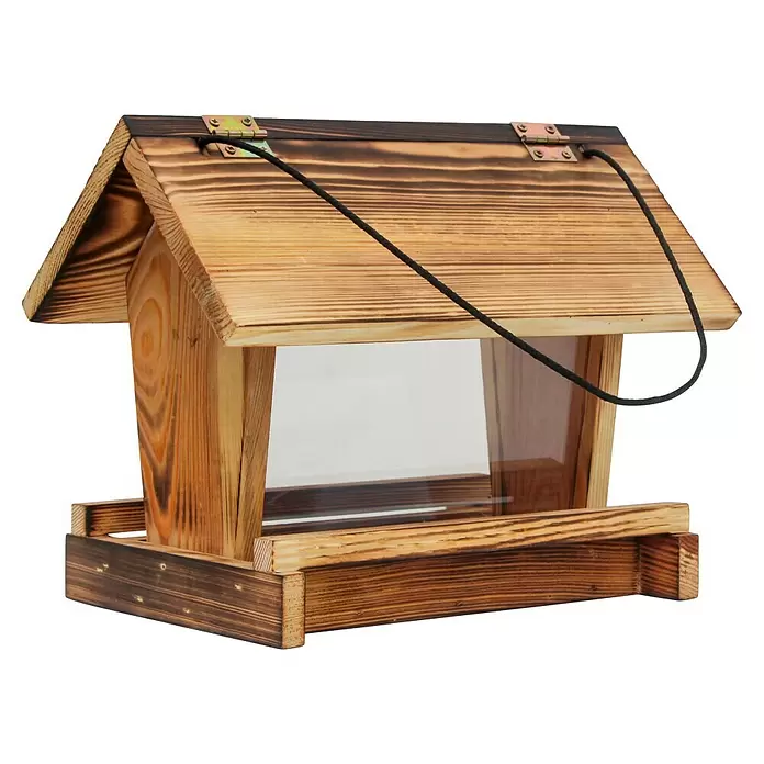 Dobar Vogelhaus Llama - Holz, Braun - Vogelhäuschen aus Holz mit Natur- und Brandholz-Finish, durchsichtigen Scheiben, aufklappbarem Dach und Kordel zum Aufhängen.