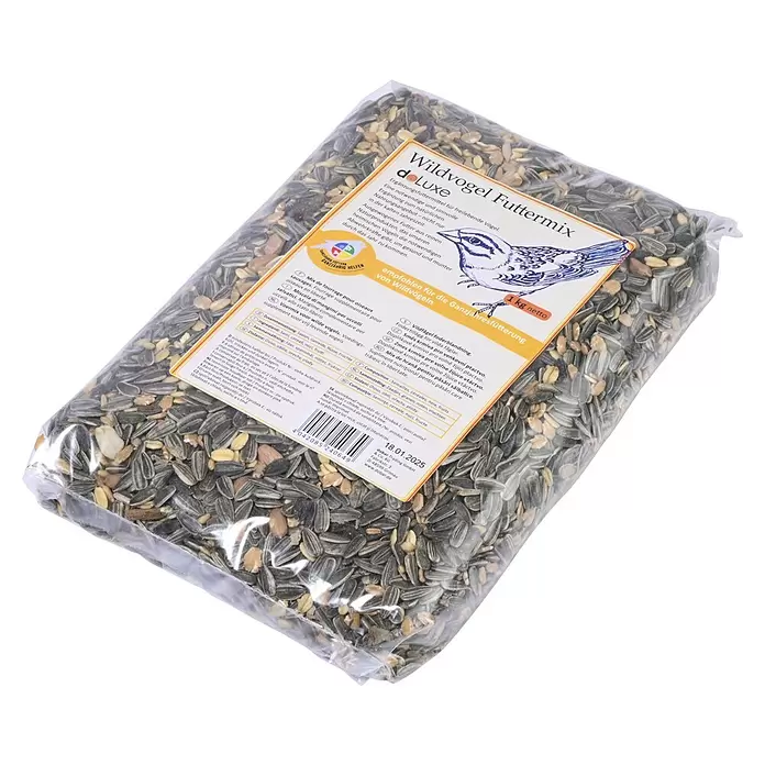 Dobar Wildvogelfutter Futtermix - 7 kg - Transparenter Beutel Wildvogelfutter, 1 kg, "de Luxe" Mischung mit Samen, Nüssen, Früchten für die Ganzjahresfütterung.