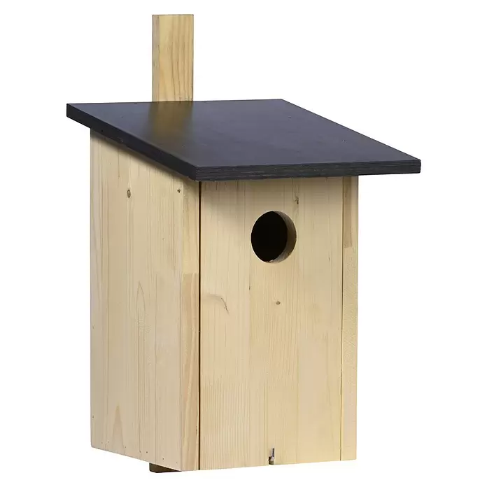 Dobar Nistkasten - 22 x 25 x 32 cm, Natur/ Dunkelbraun, Holz - Vogelhaus aus hellem Holz mit schwarzem Schrägdach und rundem Eingangsloch.