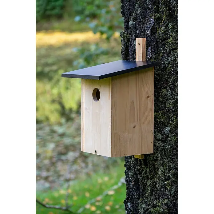 Dobar Nistkasten - 22 x 25 x 32 cm, Natur/ Dunkelbraun, Holz - Nahaufnahme eines hölzernen Vogelhauses mit schwarzem Dach, das an einem Baum befestigt ist, vor einem verschwommenen Hintergrund.