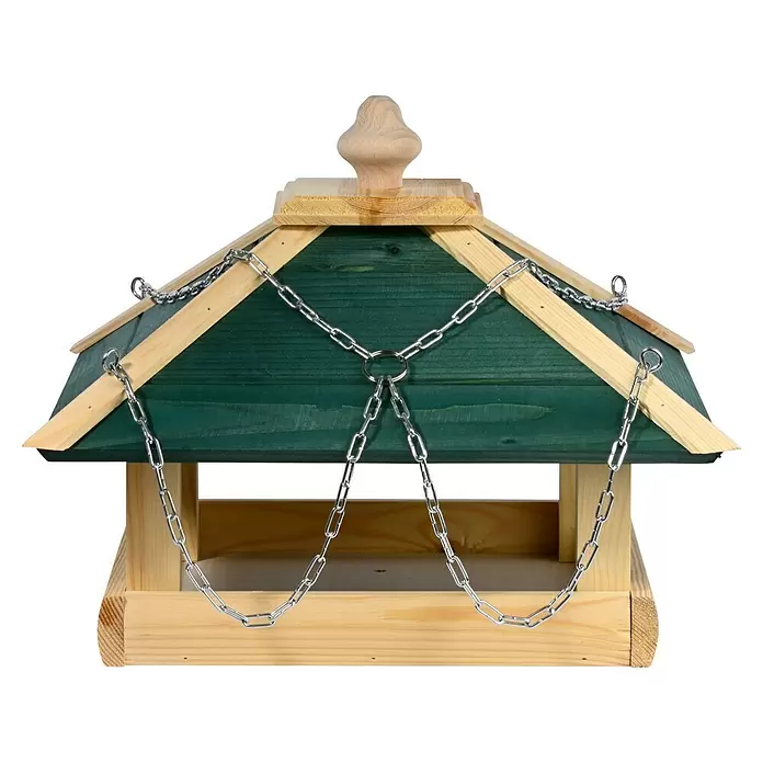 Dobar Vogelfutterhaus - 39 x 39 x 30 cm, Natur/ Grün, Holz - Grün-naturfarbenes Vogelhäuschen aus Holz mit silbernen Ketten zum Aufhängen.