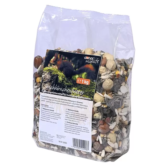 Dobar Eichhörnchenfutter -  - Transparente Plastiktüte mit 1 kg Eichhörnchenfutter von debar wildlife, Etikett mit Eichhörnchen und sichtbaren Nüssen, Samen, Trockenfrüchten.
