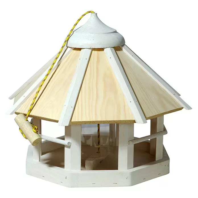 Dobar Vogelfutterhaus Camouflag 2.0 - 40 x 40 x 33 cm, Weiß/ Natur, Holz - Hölzernes Vogelhaus mit sechseckigem Dach und gelber Aufhängeschnur.