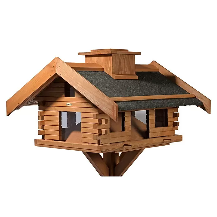 Dobar Vogelfutterhaus - 84 x 78 x 110 cm, Braun, Holz - Vogelhaus aus Holz im Blockhausstil mit dunklem Dach und Schornstein.